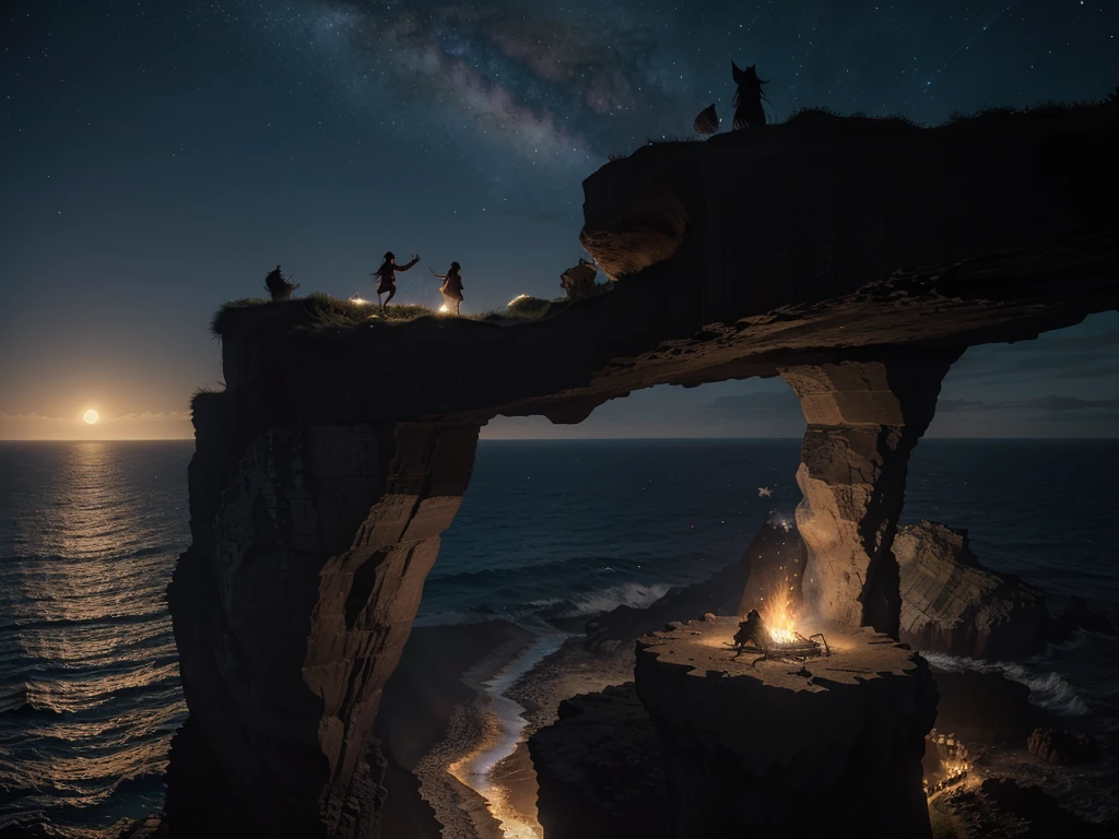 Hyperrealistic 8k high detail 3d art, fantasy setting, high cliff, amoky incense, bonfire, drumbeats, a wolf howling at the moon, the island night sky is full of stars, woman silhoutte dancing together with wolf, waves at the bottom of cliff breaking at the rocks, one existence in wide perilious sea