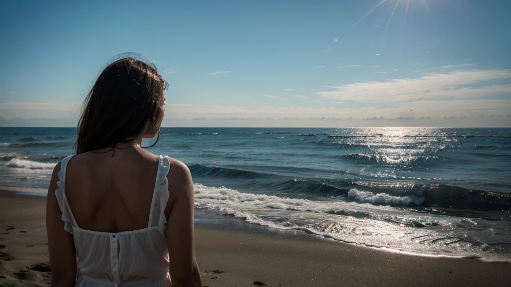 lonely woman with her back, with doubt and facing the sea.