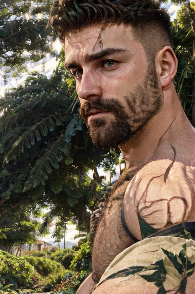 a handsome muscular man sitting in a garden, highly detailed, 8k, ultrarealistic, photorealistic, cinematic lighting, professional photography, sharp focus, perfect masculine facial features, stubble, green eyes, flawless hairy muscular physique, detailed environment, lush greenery, dramatic shadows, volumetric atmosphere, cinematic film still,