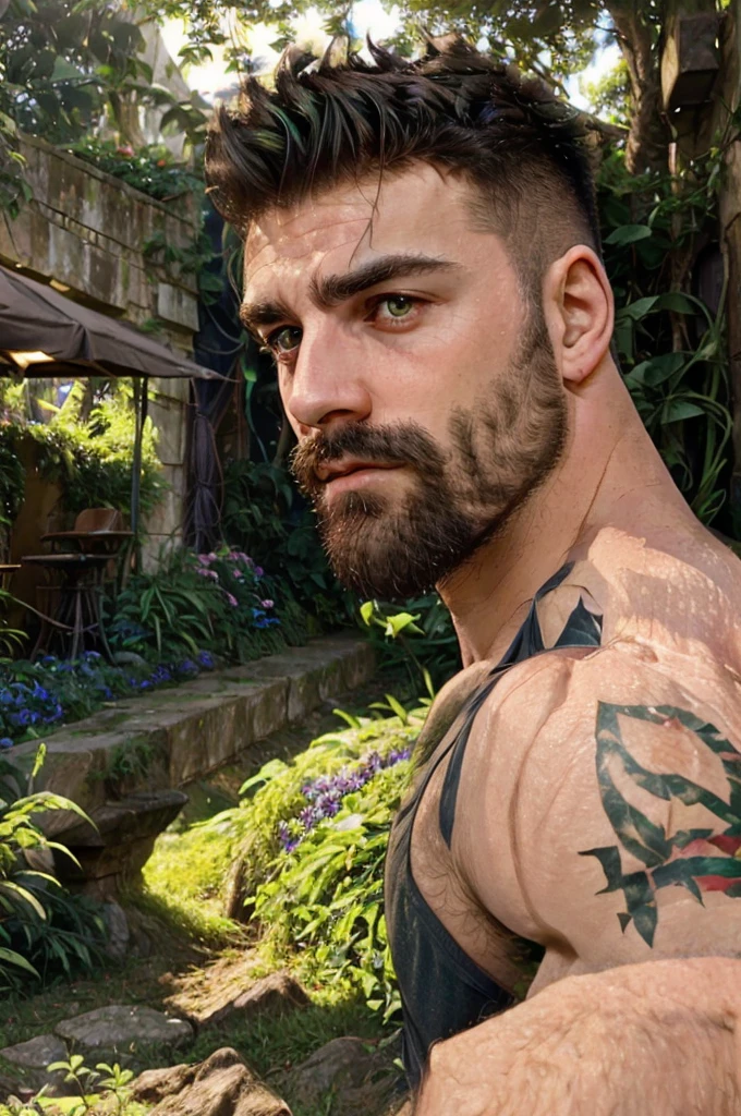 a handsome muscular man sitting in a garden, highly detailed, 8k, ultrarealistic, photorealistic, cinematic lighting, professional photography, sharp focus, perfect masculine facial features, stubble, green eyes, flawless hairy muscular physique, detailed environment, lush greenery, dramatic shadows, volumetric atmosphere, cinematic film still, 