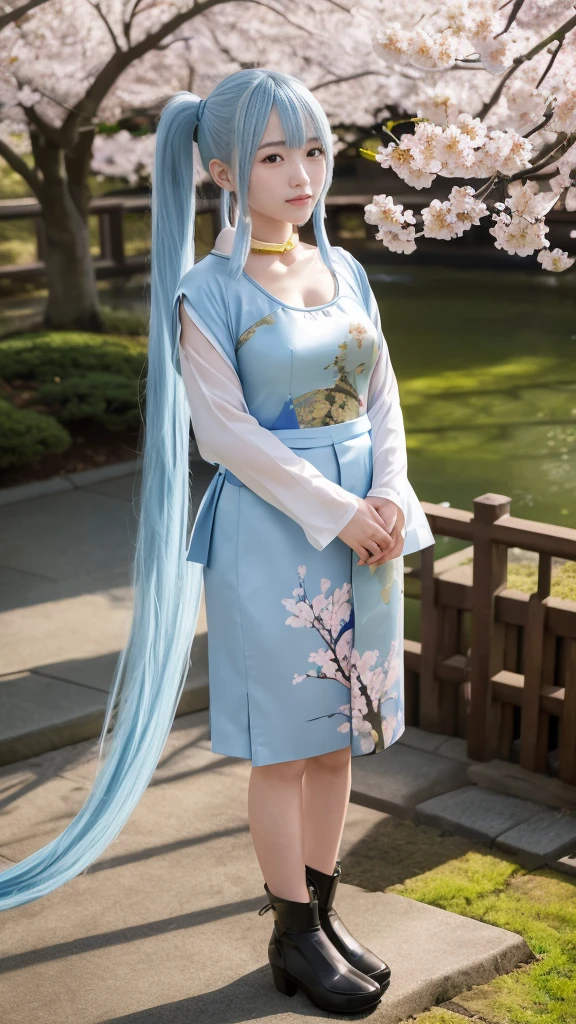 best quality, masterpiece, realistic, 1 woman, alone, standing, whole body, looking at viewer, laugh, closed mouth, forehead, kamisato cosplay costume, cosplay, light blue hair, long hair, ponytail, headdress, ribbon, hair ribbon, japanese clothes, armored suit, japanese armor, arm guard, fingerless gloves, tress ribbon, alcohol, Cherry Blossom japanese garden, Cherry Blossom, tree, night, light,
