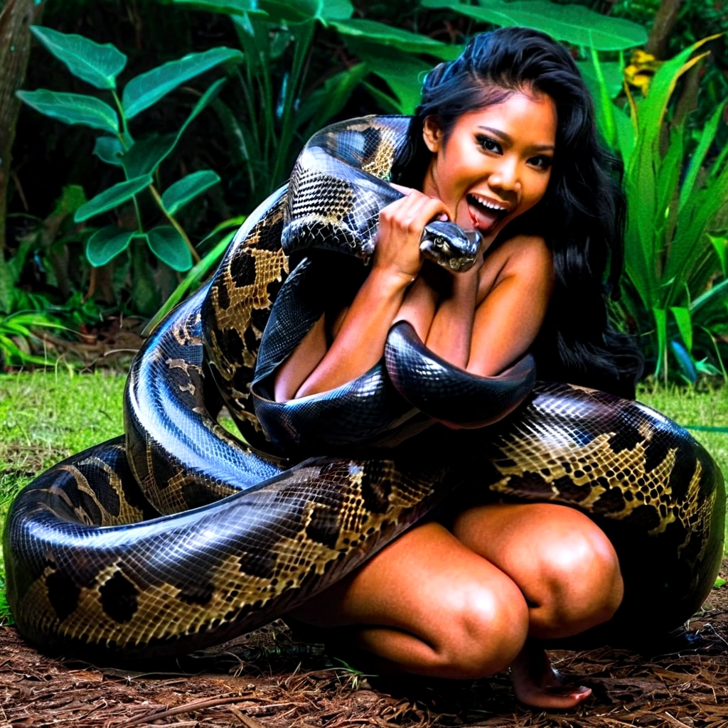 Happy Horny, aroused 1girl), beautiful kneeling Filipino young girl with giant colossal black titanboa squeezing her hard, wrapped in thick spiraling coils, constricted, struggle, gasping for air, snake attack, snake peril, moonless night, dim light
