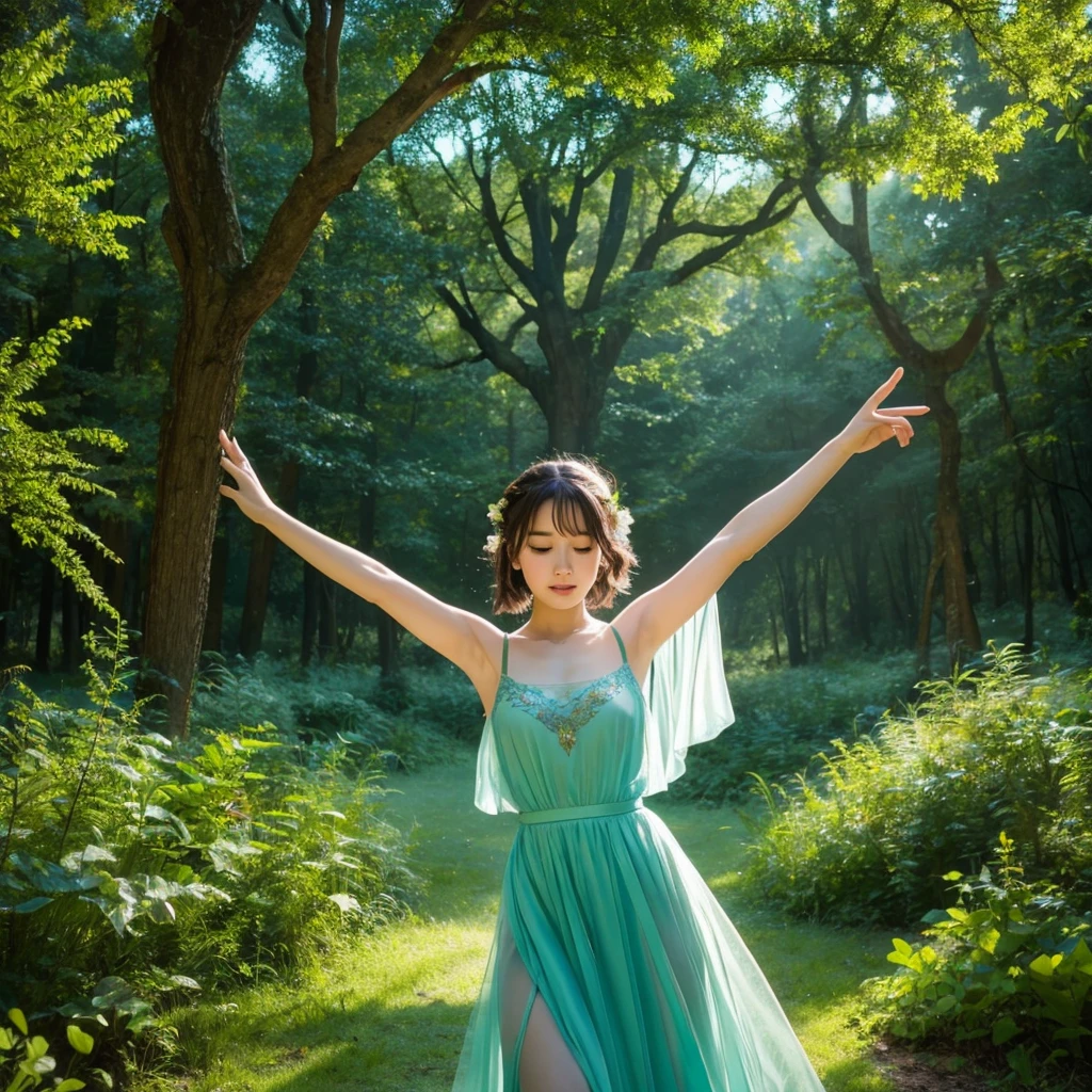 A magical forest setting where cute, beautiful women dance freely. A mysterious and expressive scene.