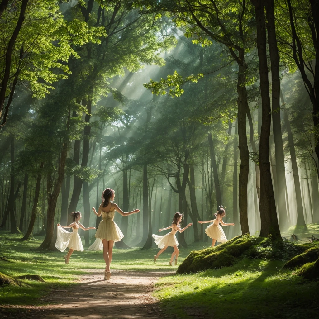 A magical forest setting where cute, beautiful women dance freely. A mysterious and expressive scene.