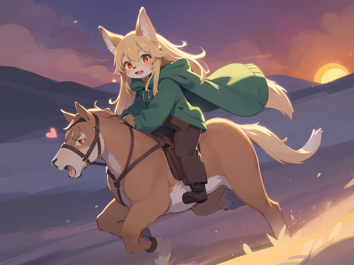 the fox, , was hairy, shaggy, skin fur, smooth lashes, golden fur, forelimb hands, straight long blonde hair, solid circle eyes, golden ears, golden fur, golden facial fur, shiny hair, red eyes, heart-shaped eyes, super cute face, 1fox tail, fluffy tail, furry tail, glowing eyes, green coat green hood down, brown trousers, riding unsaddled horse, open mouth, embarrassed, ambient light, ultra-fine fur, dashed eyes, full body, masterpiece, high quality, high-details, best quality, from front, (((solo))), twilight, sun light, red sky, rim light