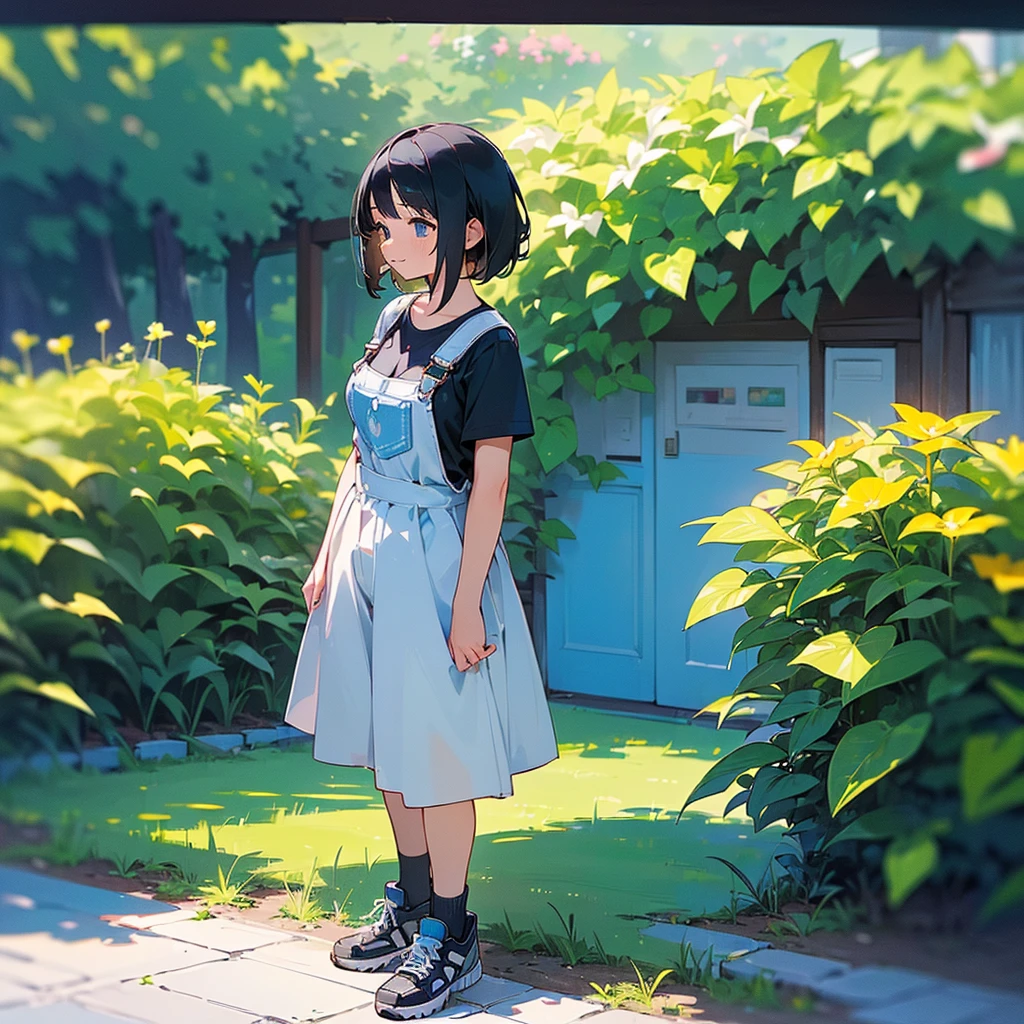 (high quality, High resolution, Very detailed, reality:1.37), Peaceful atmosphere, (Outdoor, garden), age girl standing alone, (my breasts are big.), Beautiful details, Cute Smile, (Black bob hair), Short sleeve shirt, Overalls, Blue socks, sneakers.