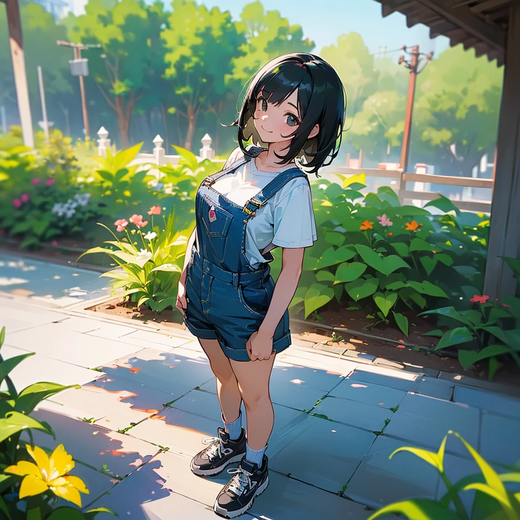 (high quality, High resolution, Very detailed, reality:1.37), Peaceful atmosphere, (Outdoor, garden), Teenage girl standing alone, (my breasts are big.), Beautiful details, Cute Smile, (Black bob hair), Short sleeve shirt, Overalls, Blue socks, sneakers.