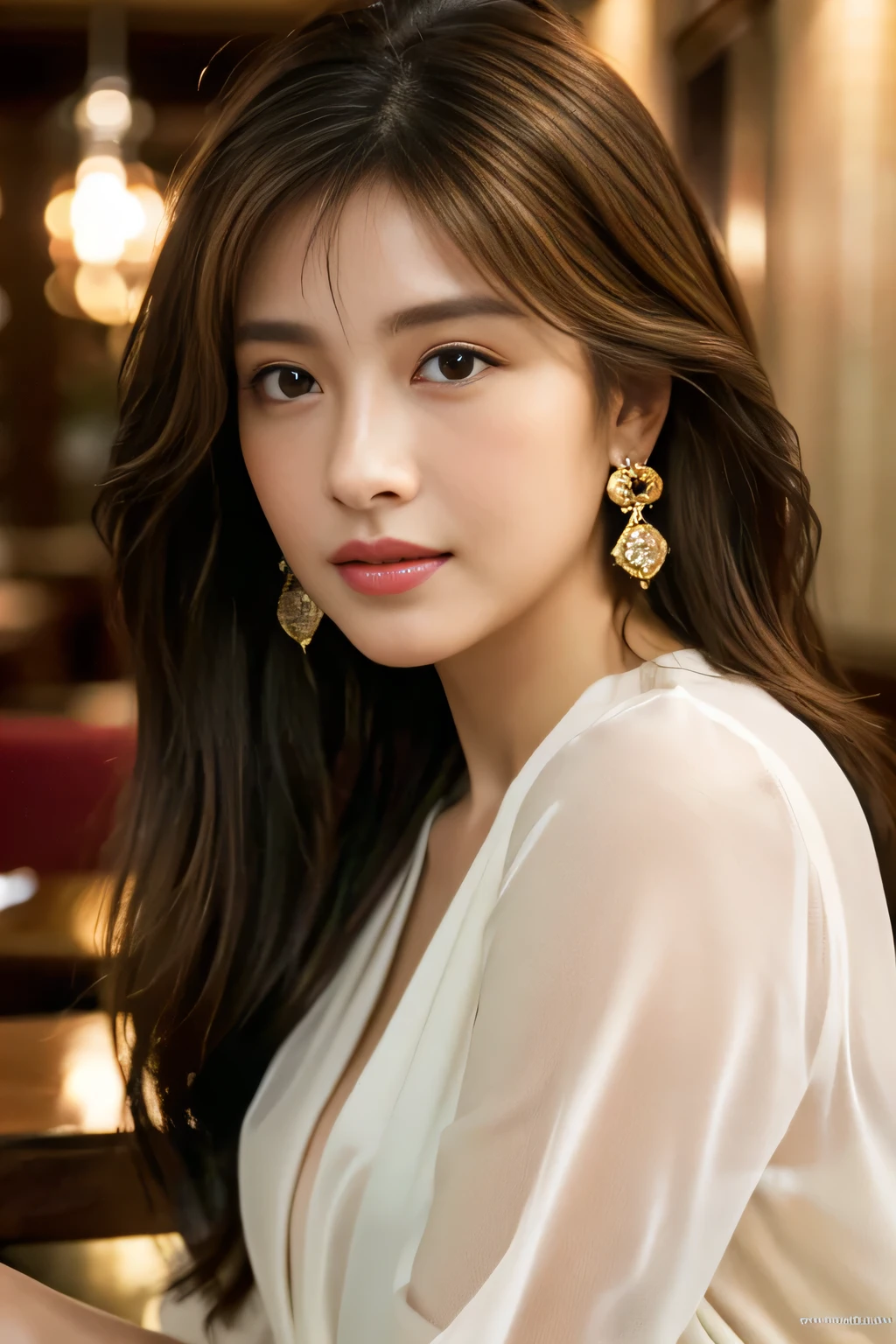 masterpiece, Highest quality, Realistic, Very detailed, Finer details, High resolution, 8k wallpaper, One beautiful woman, Wear a white see-through shirt, In a great restaurant, At night, Light brown messy hair, Perfect dynamic composition, Beautiful and beautiful eyes、Big earrings、