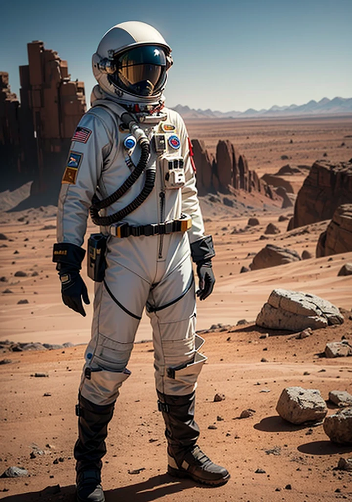 Imagine standing on the rust-colored plains of Mars, a lone astronaut gazes ahead. They are suited in a sleek, advanced spacesuit, its white and silver panels stark against the red backdrop. The helmet reflects the distant Martian sun, its visor tinted to protect against the harsh glare. The astronaut stands confidently, boots planted firmly on the dusty terrain, one gloved hand resting on a tool belt secured around the suit. Behind them, the barren landscape stretches out, with jagged rocks and the faint outline of a rover in the distance. Despite the desolation, the scene is one of human achievement and exploration.