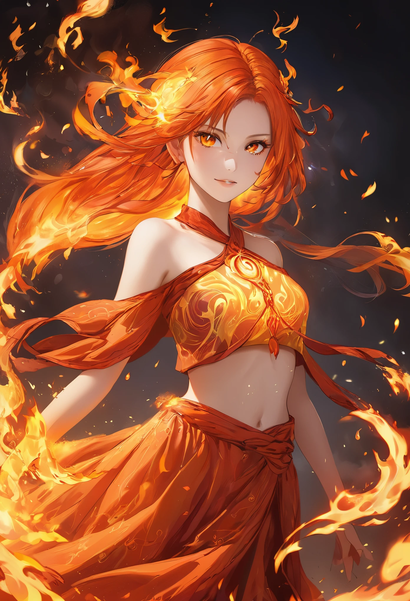 One girl, Female Fire Spirit, Fire-colored hair, Internal Fire, Put a few drops of sparks on your skin,