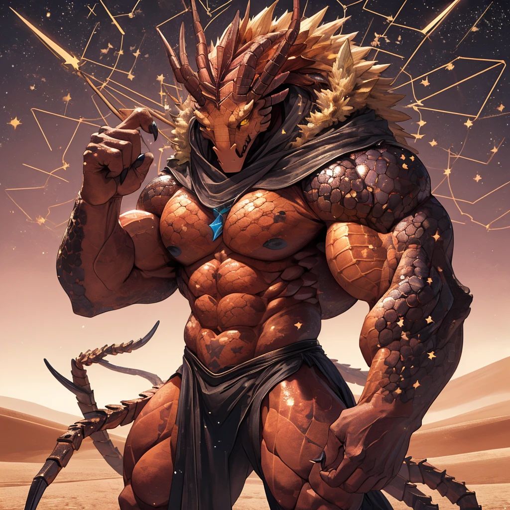 Scorpio of the twelve constellations Scorpio bare-chested exquisite muscular majestic (Golden eyes sparkle)The background is an endless desert, Wild and domineering , Huge muscles, Abdominal muscle rip scorpion