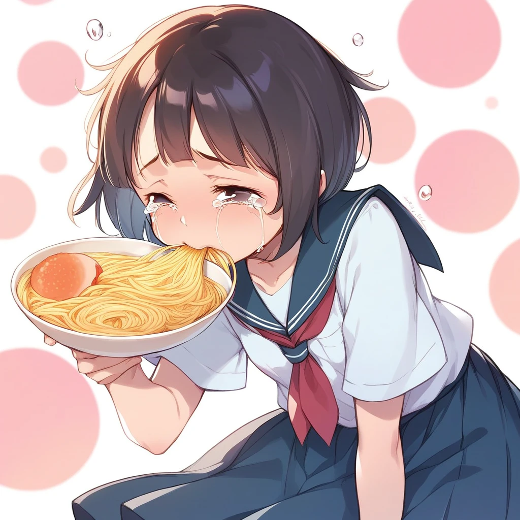 BREAK Perfect Anatomy、(High resolution:1.2)、Incredible illustrations、(Cute illustrations:1.2)、（Beautiful background） (a girl,  1.5meters, 40kg),,,flat chest）(despair:2.0,tears:2.5)(school urm,skirt）　(blowing ramen out of her mouth)Female student eating super spicy ramen
