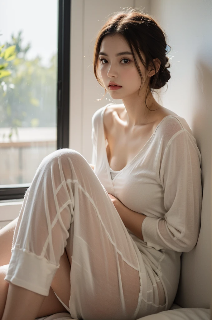 (best quality,4k,highres,masterpiece:1.2),ultra-detailed,(realistic,photorealistic,photo-realistic:1.37),HDR,UHD,studio lighting,ultra-fine painting,sparkling blue eyes,porcelain skin,Prominent cheekbones,Subtle makeup,Polish origin,Gorgeous Slavic beauty,feminine charm,depressed, sad,in business attire, in pajamas, getting ready to rest and sleep, in the apartment,relaxed posture,vivid colors,soft lighting