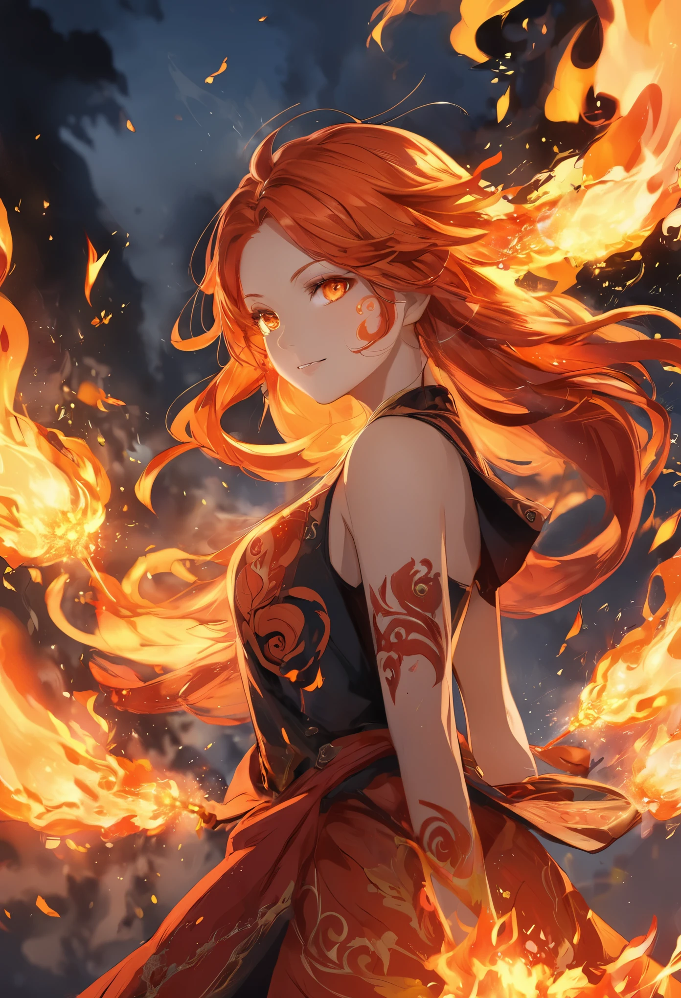 One girl, Female Fire Spirit, Fire-colored hair, Internal Fire, Put a few drops of sparks on your skin,