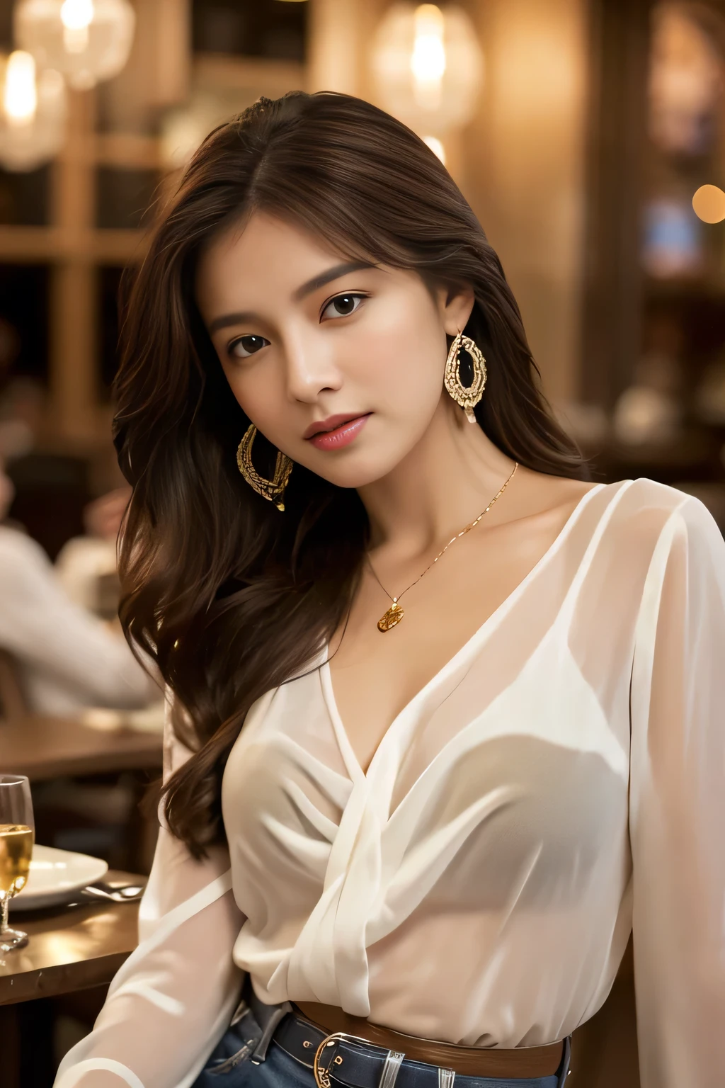 masterpiece, Highest quality, Realistic, Very detailed, Finer details, High resolution, 8k wallpaper, One beautiful woman, Wear a white see-through shirt, In a great restaurant, At night, Light brown messy hair, Perfect dynamic composition, Beautiful and beautiful eyes、Big earrings、