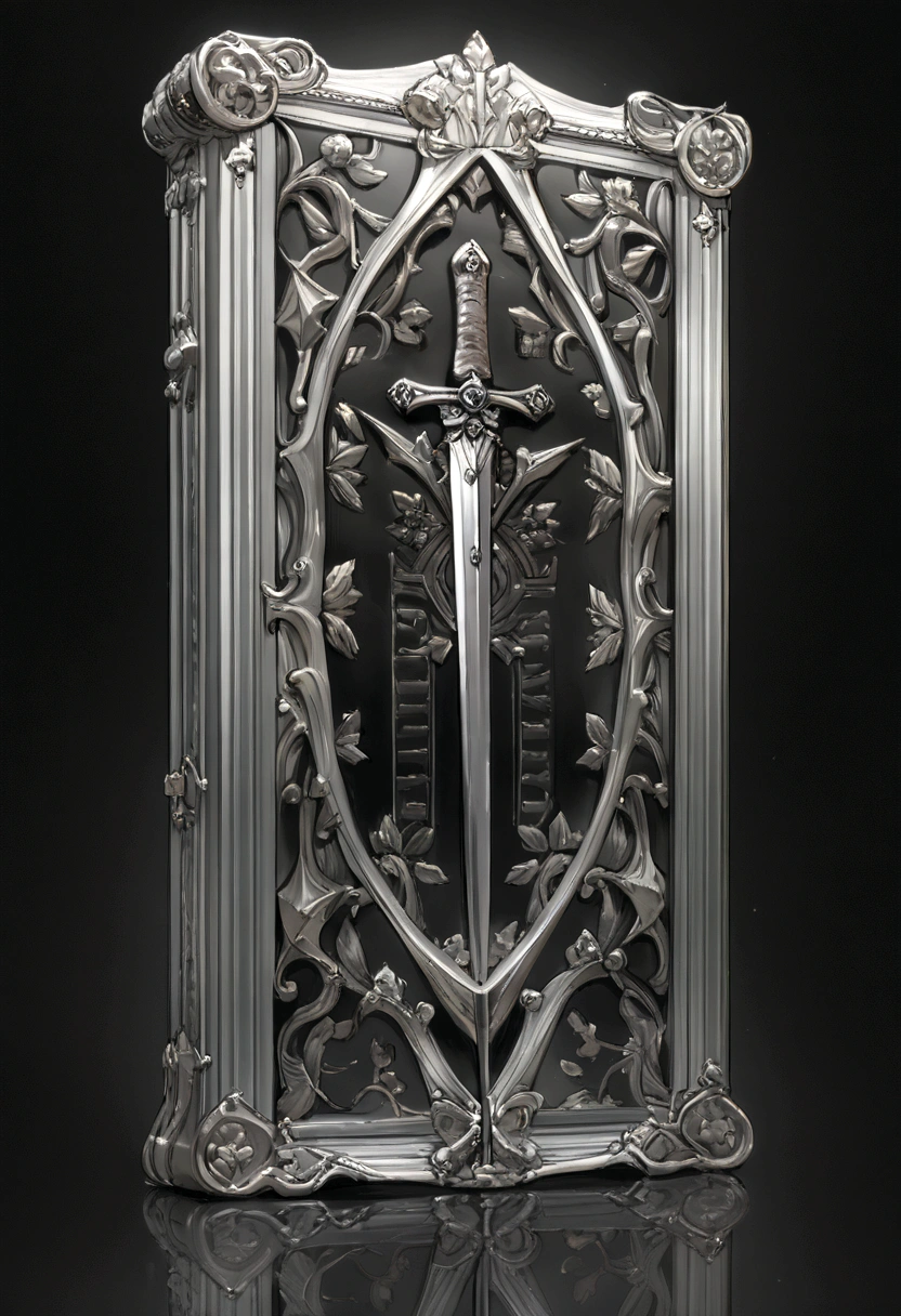 (((best qualityer))), (((work of art))), (((high resolution))), Weapons to be included around a silver box, Two double-edged swords with sharp blades., black background with smooth gradient. in the center of the silver box written the large acronym C and P