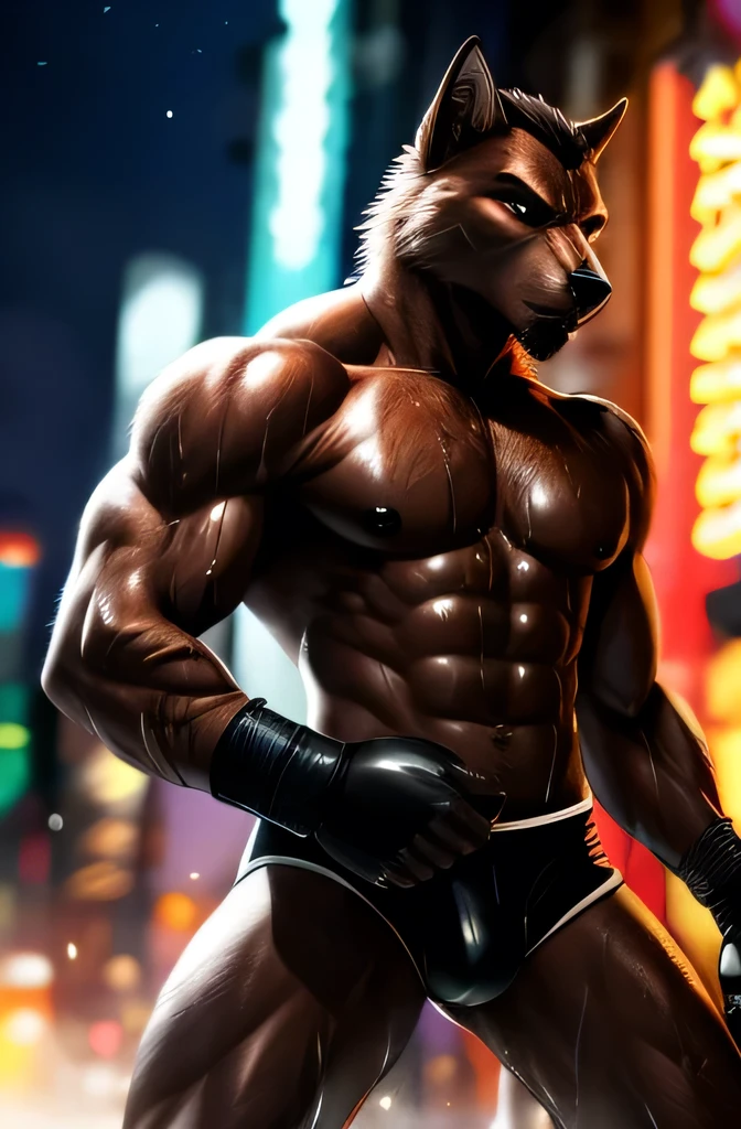 Masterpieces, furry, male, Anthropomorphic, brown wolf, skinny body type, not overly muscular, Delicate eyes, goatee, glistening body, criminal thug, kickboxer, depth of field, perfect lighting, (best quality),(masterpiece),(ultra detailed), sharp focus, detailed night city background, shirtless, big black , fierce look, scars, black gloves, glossy oiled up skin, sweating, wet, black , full body