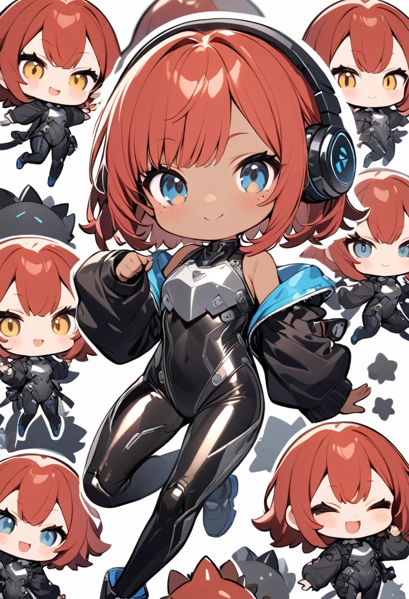 full body,1 girl,(cute:1.3),short, spiky, red Hair, left eye blue, right eye yellow, tan skin, freckles,{White breastplate, Black futuristic headphones, Mechanical black glossy metallic Bodysuit, Bare shoulders, oversized jacket, Glossy, shiny material,chibi emote, chibi character, jumping pose