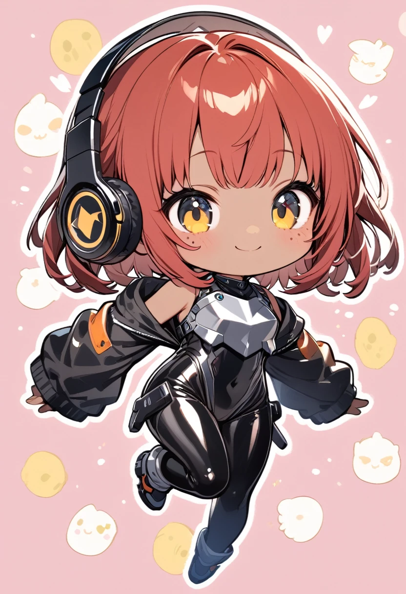 full body,1 girl,(cute:1.3),short, spiky, red Hair, left eye blue, right eye yellow, tan skin, freckles,{White breastplate, Black futuristic headphones, Mechanical black glossy metallic Bodysuit, Bare shoulders, oversized jacket, Glossy, shiny material,chibi emote, chibi character, jumping pose