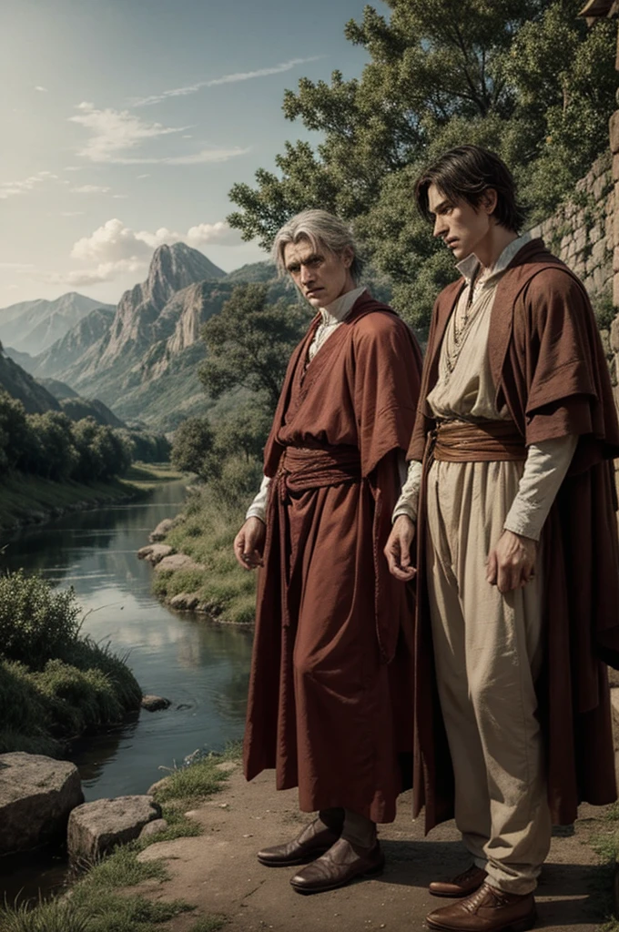 a detailed portrait of Dante Alighieri and Virgil standing by a river, observing a boat approaching the shore, the boat carrying many people, intricate details, high quality, photorealistic, dramatic lighting, cinematic composition, muted color palette, Renaissance inspired. standing by a river,