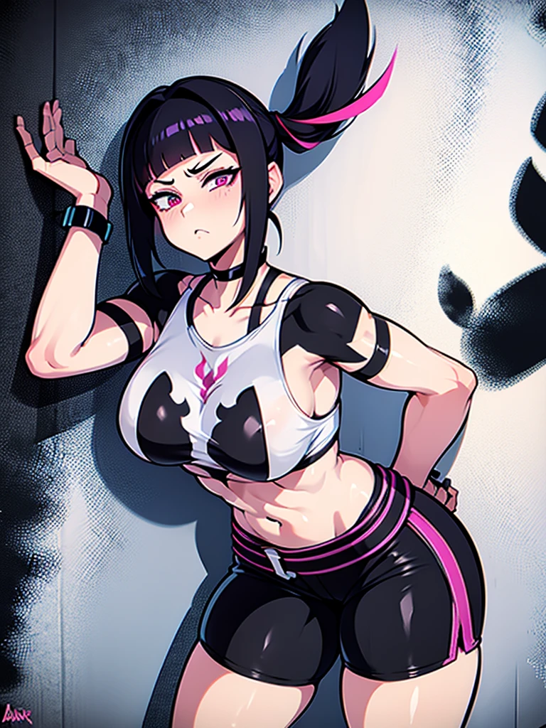 Juri Han,Masterpiece, Best Quality, 1girl, report, crop-top, jean shorts, Choker, (graffiti:1.aint splatter, (Hands Behind Your Back), Against a wall, looking a viewer, A bracelet, thigh strap, Paint on the body, tilt of head, bored, fiery hair color, Rainbow-colored eyes,juri han,olhar malvado
