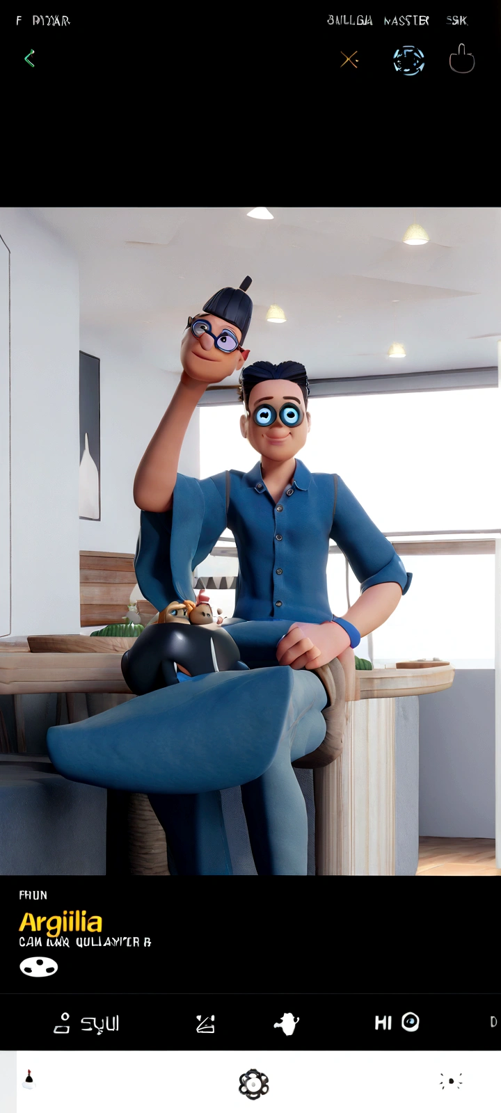 Cartoon character of a man in black glasses and blue shirt, an animated character, stylized character, animation style rendering, 3d stylized, Arnold Maya rendering, Stylized 3D rendering, toon render screenshot, 3d character, 3d character, Stylized 3D rendering, 3D character rendering, cartoon character, Personagem de close up, character posing, (Pixar-style) (master part:1.2) (bokeh) (best qualityer) (skin detailed) (detailed texture) (8K) (Argilla) (cinematic lighting) (sharp focus,Sit down and lift your upper body