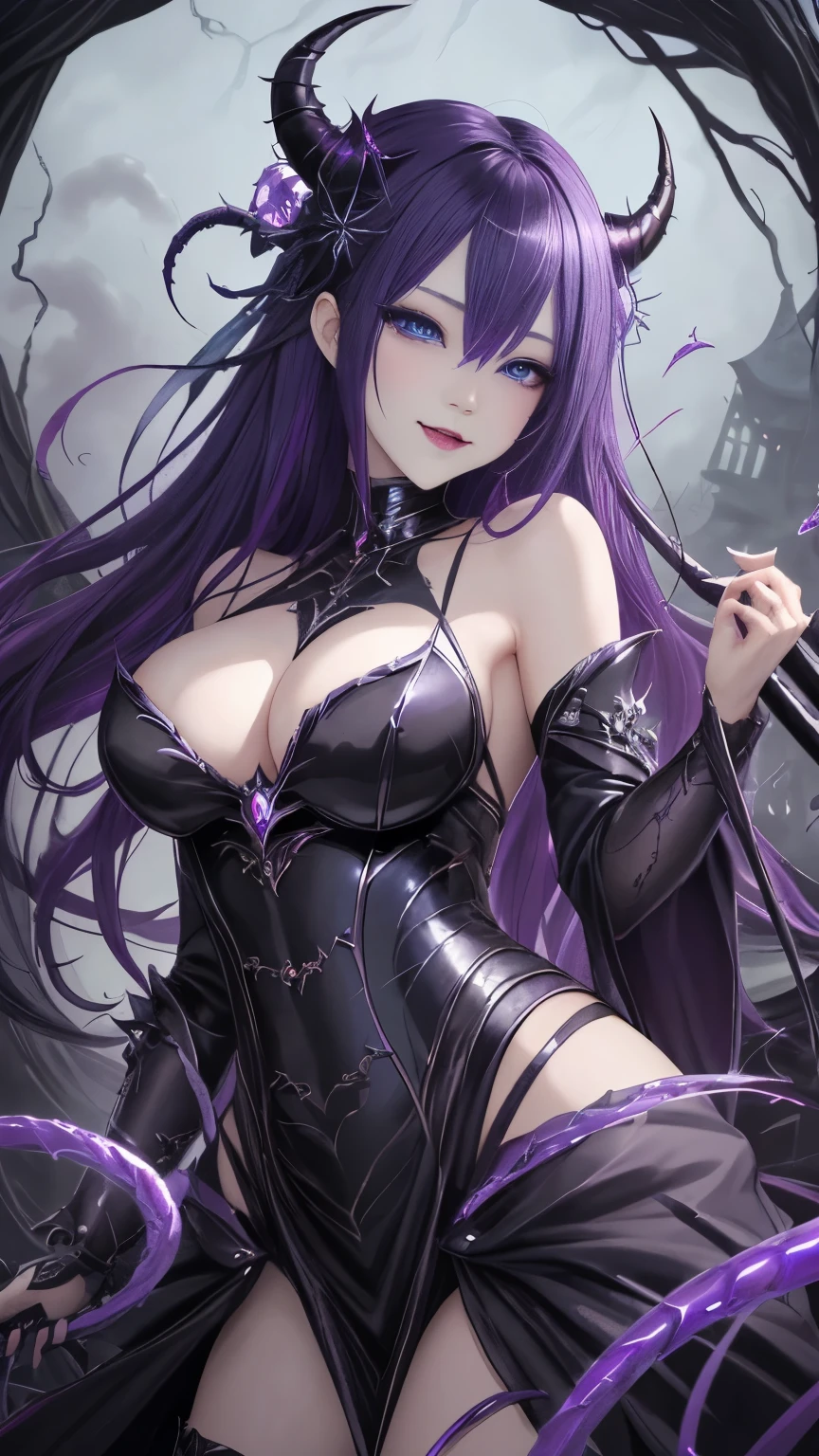 強力なスーパーevil女がクローズアップでポーズをとる, Black Goddess (Bare shoulders), length, Flowing purple hair, View your audience, Highly detailed face, Perfect hands, Blue smoke swirling around her, evil事を愛する, Captivating blue eyes, Dark fantasy, Genuine, Symmetric, High detail, Esoteric arachnids lady, Spider Queen Elise, League of Legends, Esoteric arachnids, Combat Stance, ( body formed from metallic mauveine and metallic black liquid metallic paint twisting into a beautiful interpretation of the female figure), length, Sharp Fangs, nature, ((Complex metallic colors in the foreground)), (( Fluid Mechanics, The most beautiful smooth scale face makeup, Smirking expression)) - Dark blood, Onyxia、Noir painting of a beautiful young witch, length purple hair, dark purple lips, evil, evil female, smile, Black Prom Dress, She is coming to you, close, Bright Blue Eyes, Surrounded by swirling pink smoke, Genuine, High detail, Highest quality、A beastly demon wields a vicious blade, Blood Chain, Behemoth Bones, Snake-like tentacles, Cruel Teeth, Expressions of madness, Oppressive Dungeon. 8K Vision Reveals Fear, Ultra HD detail makes monsters stand out, Grotesque shadows dance, The creature whispers, Stifling atmosphere, Vision problems, Visible Madness. blade, evil意の閃光が輝く, reflect (Light) Beyond the Darkness, Elucidate (Sharp details) and、Add a dizzying dimension to the impending chaos.