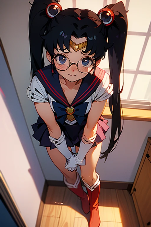 A girl with black hair, freckles, glasses and twin tails dressed as Sailor Moon, wearing white gloves and red boots, and looking shy in her room.