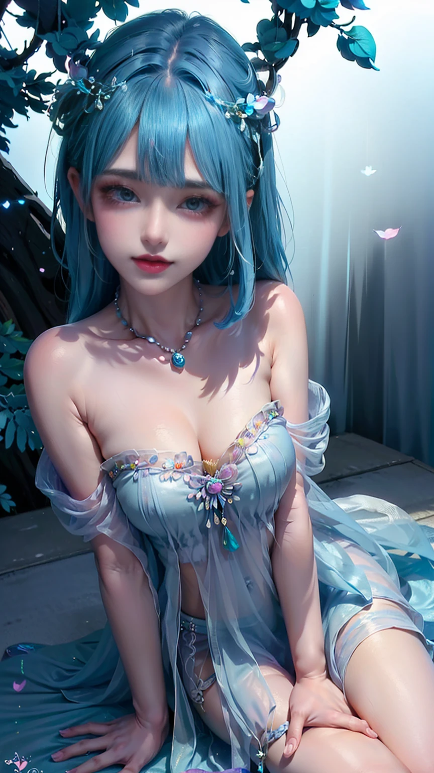 Image from above, sitting on the floor, ((1 woman, Alone, sexy, cyan blue hair, very long hair with neon light effect, intense bluish makeup, blue lips, rainbow colored eyes, Fine and detailed face.)) ((She is dressed in translucent and pearly ethereal clothing with blue feathers of exotic birds., usa un Pearl Necklace, She has pearls and blue feathers all over her dress.)). sitting and posing with mystical essence, looking to the camera, innocent expression. ((al alba, light particles, sun rays illuminate it)) ((Around: mystical fluorescent tree of blue colors, pink and purple, The leaves fall softly, wind, Morning dew, magic light)) ((realist, photo-realist:1.3), Masterpiece, extremely detailed pale body, raytraced, 8k quality, whole body, sitting under the tree, Pearl Necklace))