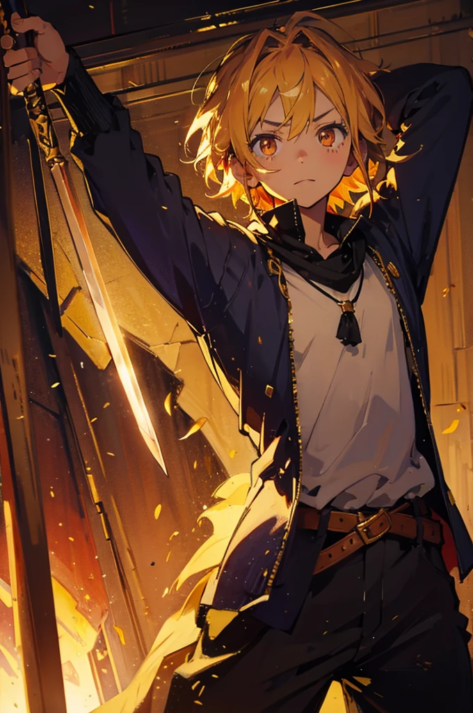 with short golden hair, golden eyes, with a sword, without a background