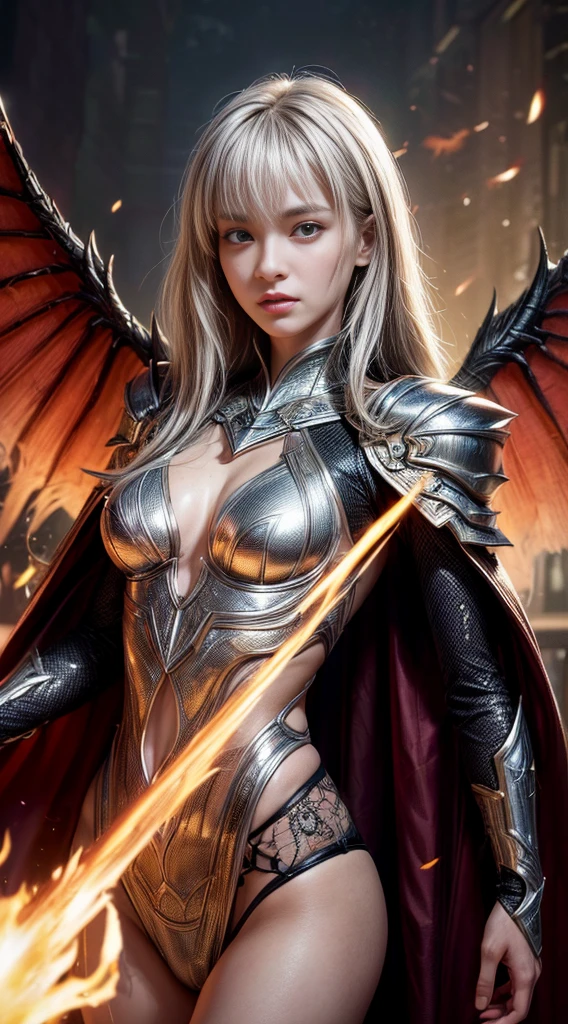 ((Ultra-thin illustration, 8K, Tabletop :1.2, Sharp focus :1.2, Depth of written boundary:1.2)), Beautiful Female Swordsman, Absurd, Highly detailed face and skin texture, Silver Hair, Jet Black Armor, Flame Armor, Cloak on Fire, Flaming Sword, Wings of Fire, Determination to overcome sadness, There is a sign of determination in your kind eyes , Strong Soul