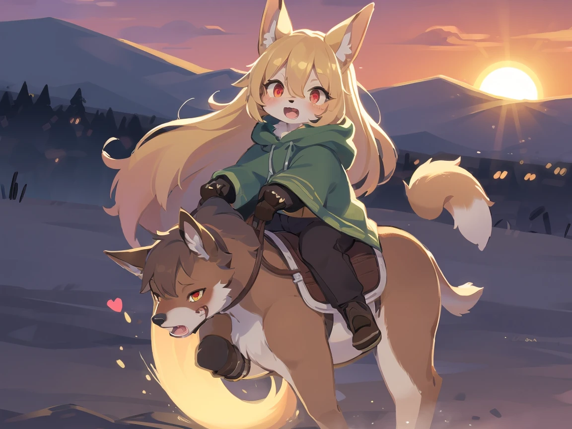 the fox, , was hairy, shaggy, skin fur, smooth lashes, golden fur, forelimb hands, straight long blonde hair, solid circle eyes, golden ears, golden fur, golden facial fur, shiny hair, red eyes, heart-shaped eyes, super cute face, 1fox tail, fluffy tail, furry tail, glowing eyes, green coat green hood down, brown trousers, riding unsaddled horse, open mouth, embarrassed, ambient light, ultra-fine fur, dashed eyes, full body, masterpiece, high quality, high-details, best quality, from front, (((solo))), twilight, sun light, red sky, rim light