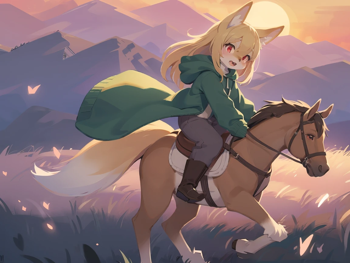 the fox, , was hairy, shaggy, skin fur, smooth lashes, golden fur, forelimb hands, straight long blonde hair, solid circle eyes, golden ears, golden fur, golden facial fur, shiny hair, red eyes, heart-shaped eyes, super cute face, 1fox tail, fluffy tail, furry tail, glowing eyes, green coat green hood down, brown trousers, riding unsaddled horse, open mouth, embarrassed, ambient light, ultra-fine fur, dashed eyes, full body, masterpiece, high quality, high-details, best quality, from front, (((solo))), twilight, sun light, red sky, rim light