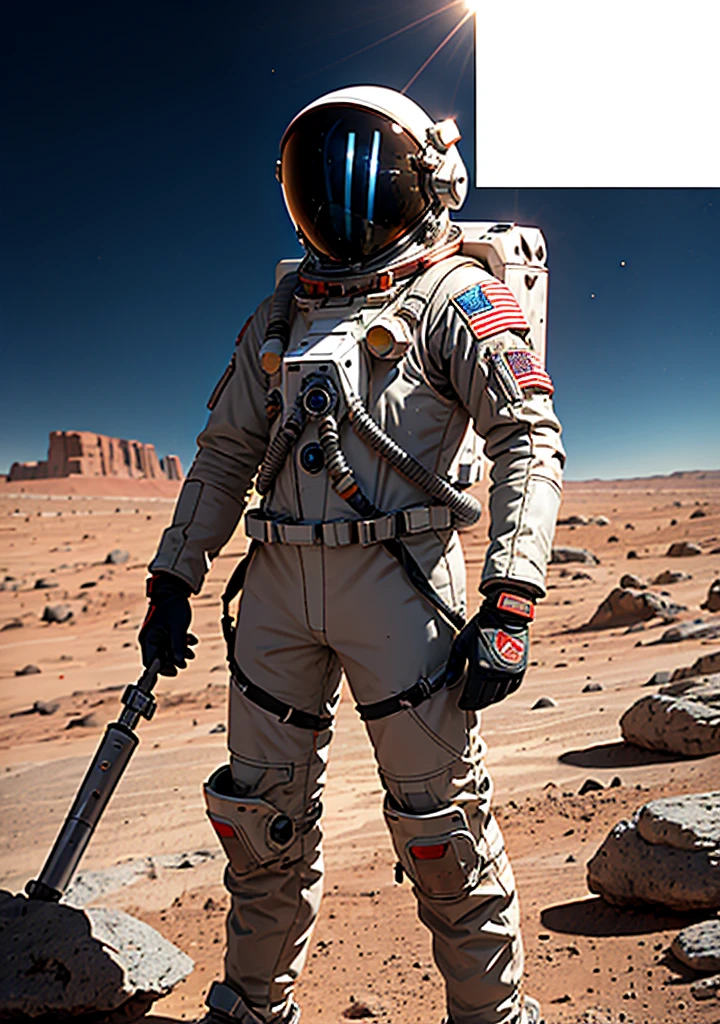 Imagine standing on the rust-colored plains of Mars, a lone astronaut gazes ahead. They are suited in a sleek, advanced spacesuit, its white and silver panels stark against the red backdrop. The helmet reflects the distant Martian sun, its visor tinted to protect against the harsh glare. The astronaut stands confidently, boots planted firmly on the dusty terrain, one gloved hand resting on a tool belt secured around the suit. Behind them, the barren landscape stretches out, with jagged rocks and the faint outline of a rover in the distance. Despite the desolation, the scene is one of human achievement and exploration.