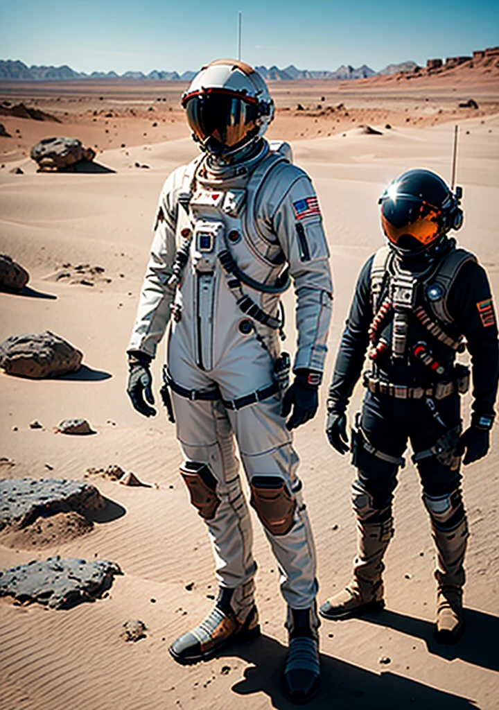 Imagine standing on the rust-colored plains of Mars, a lone astronaut gazes ahead. They are suited in a sleek, advanced spacesuit, its white and silver panels stark against the red backdrop. The helmet reflects the distant Martian sun, its visor tinted to protect against the harsh glare. The astronaut stands confidently, boots planted firmly on the dusty terrain, one gloved hand resting on a tool belt secured around the suit. Behind them, the barren landscape stretches out, with jagged rocks and the faint outline of a rover in the distance. Despite the desolation, the scene is one of human achievement and exploration.