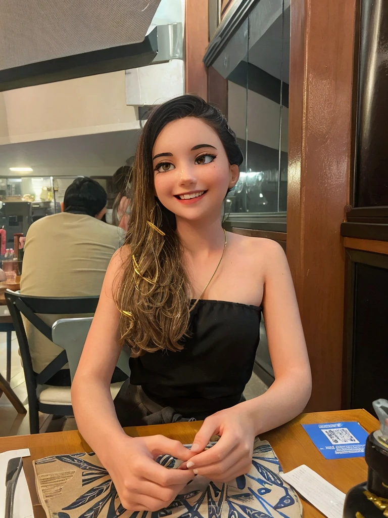 cheerful girl wearing a black top with a thin golden cord dark hair with light highlights