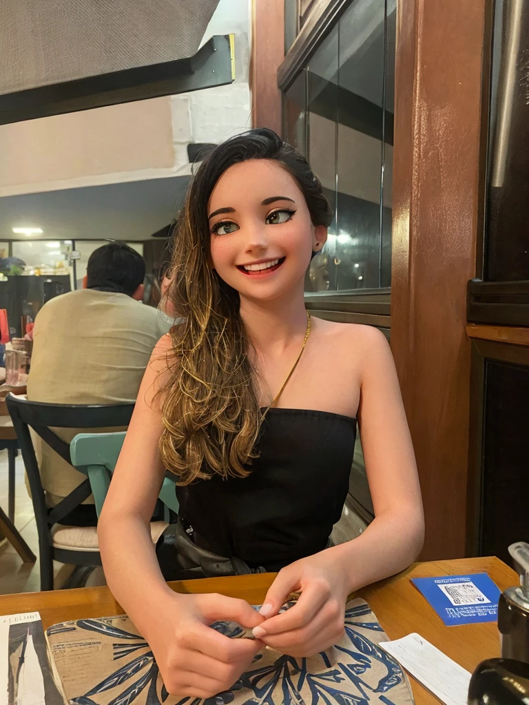 cheerful girl wearing a black top with a thin golden cord dark hair with light highlights