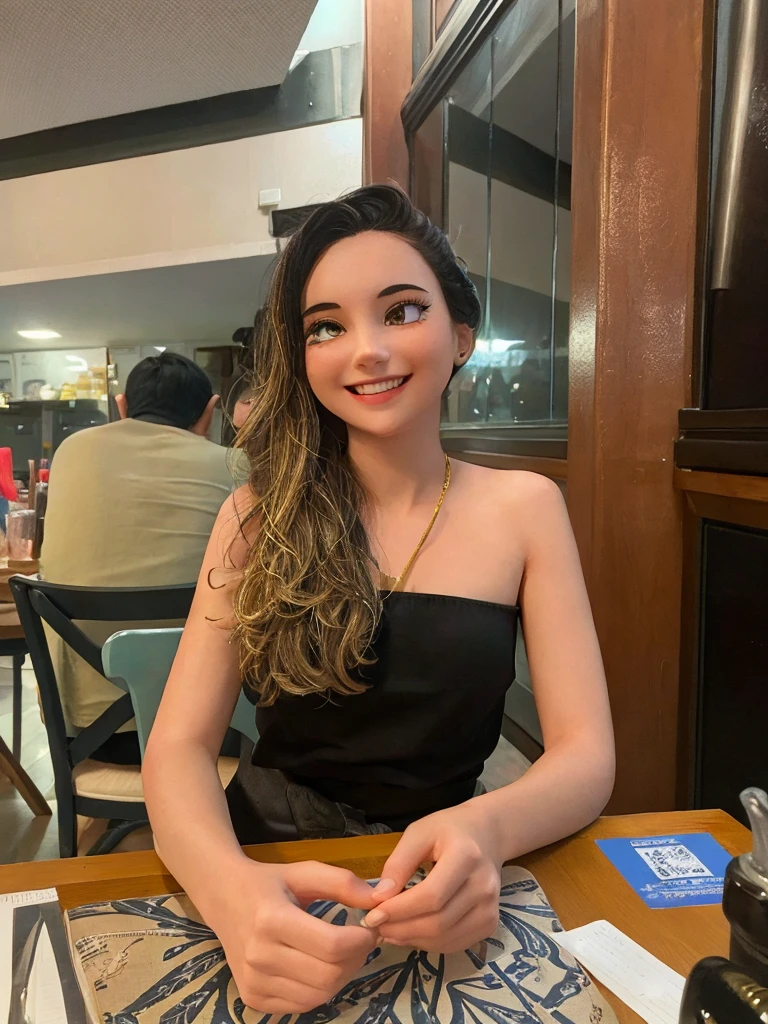 cheerful girl wearing a black top with a thin golden cord dark hair with light highlights