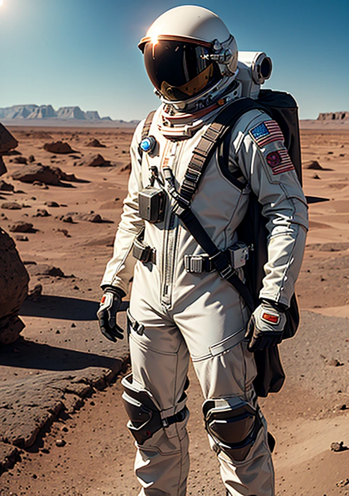 Imagine standing on the rust-colored plains of Mars, a lone astronaut gazes ahead. They are suited in a sleek, advanced spacesuit, its white and silver panels stark against the red backdrop. The helmet reflects the distant Martian sun, its visor tinted to protect against the harsh glare. The astronaut stands confidently, boots planted firmly on the dusty terrain, one gloved hand resting on a tool belt secured around the suit. Behind them, the barren landscape stretches out, with jagged rocks and the faint outline of a rover in the distance. Despite the desolation, the scene is one of human achievement and exploration.