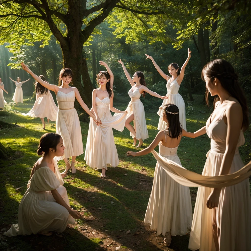 A magical forest setting where cute, beautiful women dance freely. A mysterious and expressive scene.