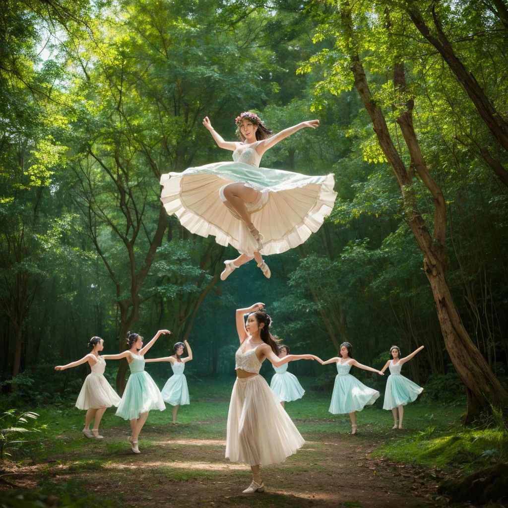 A magical forest setting where cute, beautiful women dance freely. A mysterious and expressive scene.