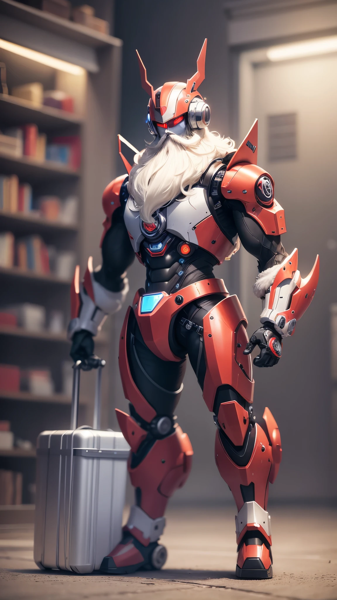 Robot Santa, Futuristic mechanical design,Combining elements of traditional Santa Claus with advanced technology. The robot may have a sleek metal body, Illuminated LED light, and a robotic arm that can efficiently distribute gifts.. It could have a digital display on its face,Imitate Santa's expression of joy and kindness. The scene can be set in a high-tech workshop full of automated machinery and conveyor belts, Robot Santa is busy preparing and sorting gifts for delivery. This futuristic twist on the traditional Santa Claus blends the magic of Christmas with the innovations of modern technology.