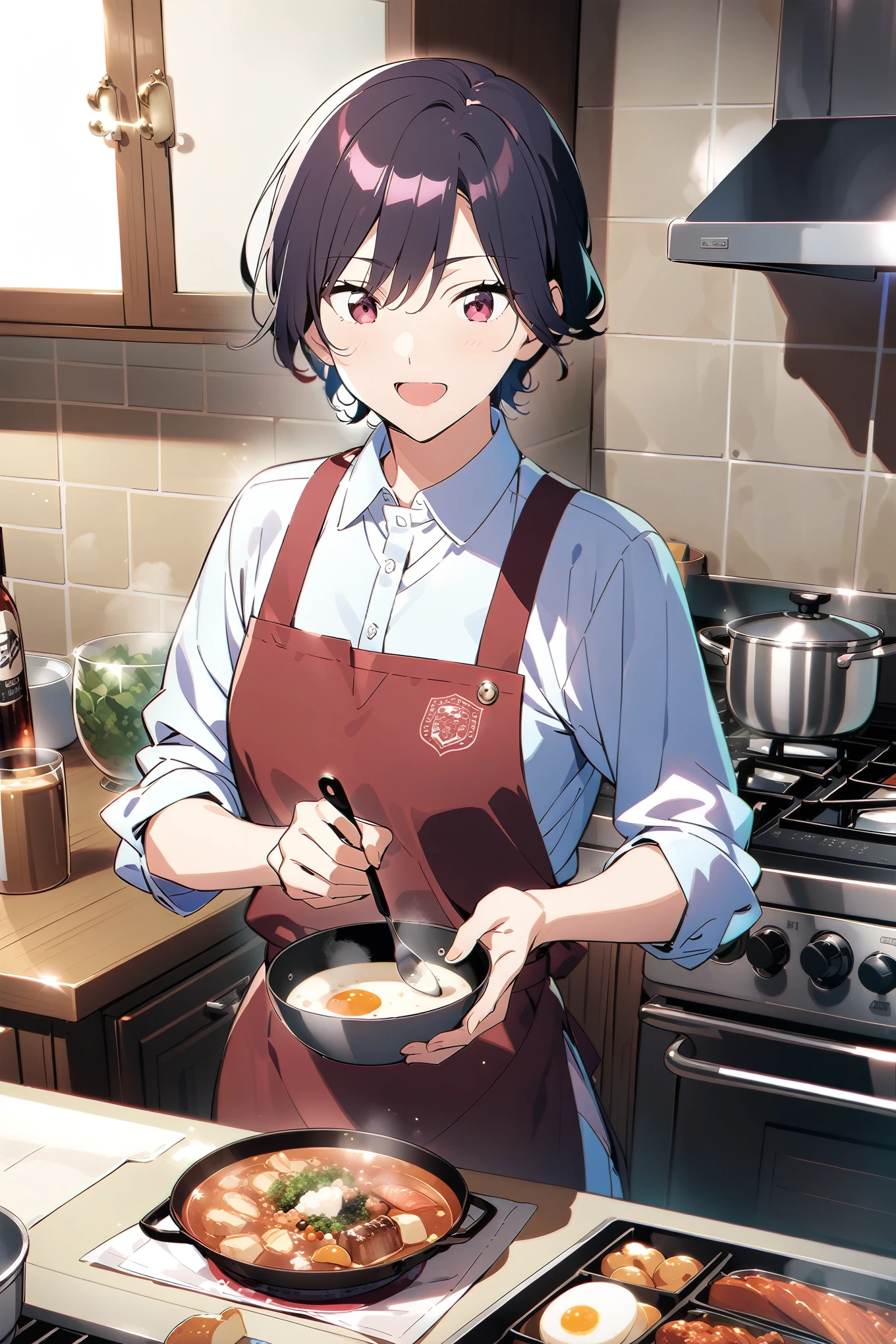 (Ultra-detailed illustrations:1.2),anime character in kitchen prepaAlsog food with a skillet and pan, Cooking, tanjiro kamado, Also, honest, Official Art, honest shinka, Mai Yoneyama, Shirabii, Eat and drink, Nishimiya Shoko, Anime Moe Art Style, Cook, Official character art, rei hiroe, Cooking it up, honest kano