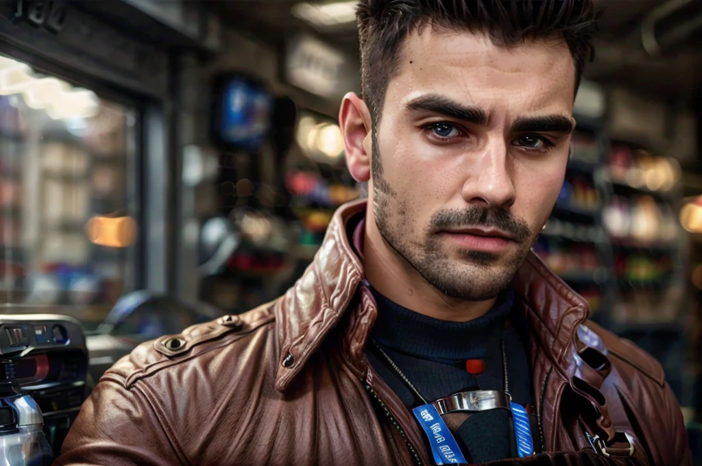 a handsome muscular man in a red leather jacket, in a convenience store, ready for action, upper body, close up, (looking at camera), (candid, amateur), (raw, 8k, uhd, fujifilm xt3),