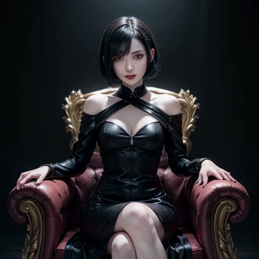 vampire girl, very pale skin, white teeth with sharp fangs, black straight hair, short hair, cloth dress, tight black dress, sitting on a throne
