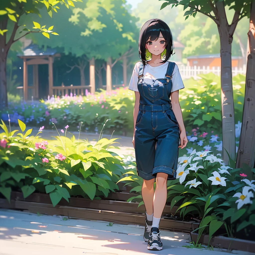(high quality, High resolution, Very detailed, reality:1.37), Peaceful atmosphere, (Outdoor, garden), Teenage girl standing alone, (my breasts are big.), Beautiful details, Cute Smile, (Black bob hair), Short sleeve shirt, Overalls, Blue socks, sneakers.