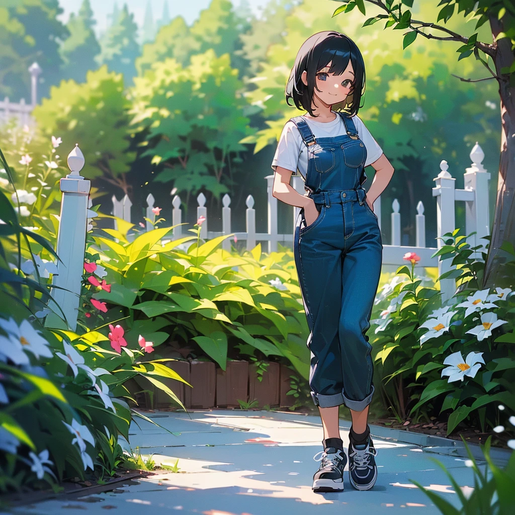 (high quality, High resolution, Very detailed, reality:1.37), Peaceful atmosphere, (Outdoor, garden), Teenage girl standing alone, (my breasts are big.), Beautiful details, Cute Smile, (Black bob hair), Short sleeve shirt, Overalls, Blue socks, sneakers.