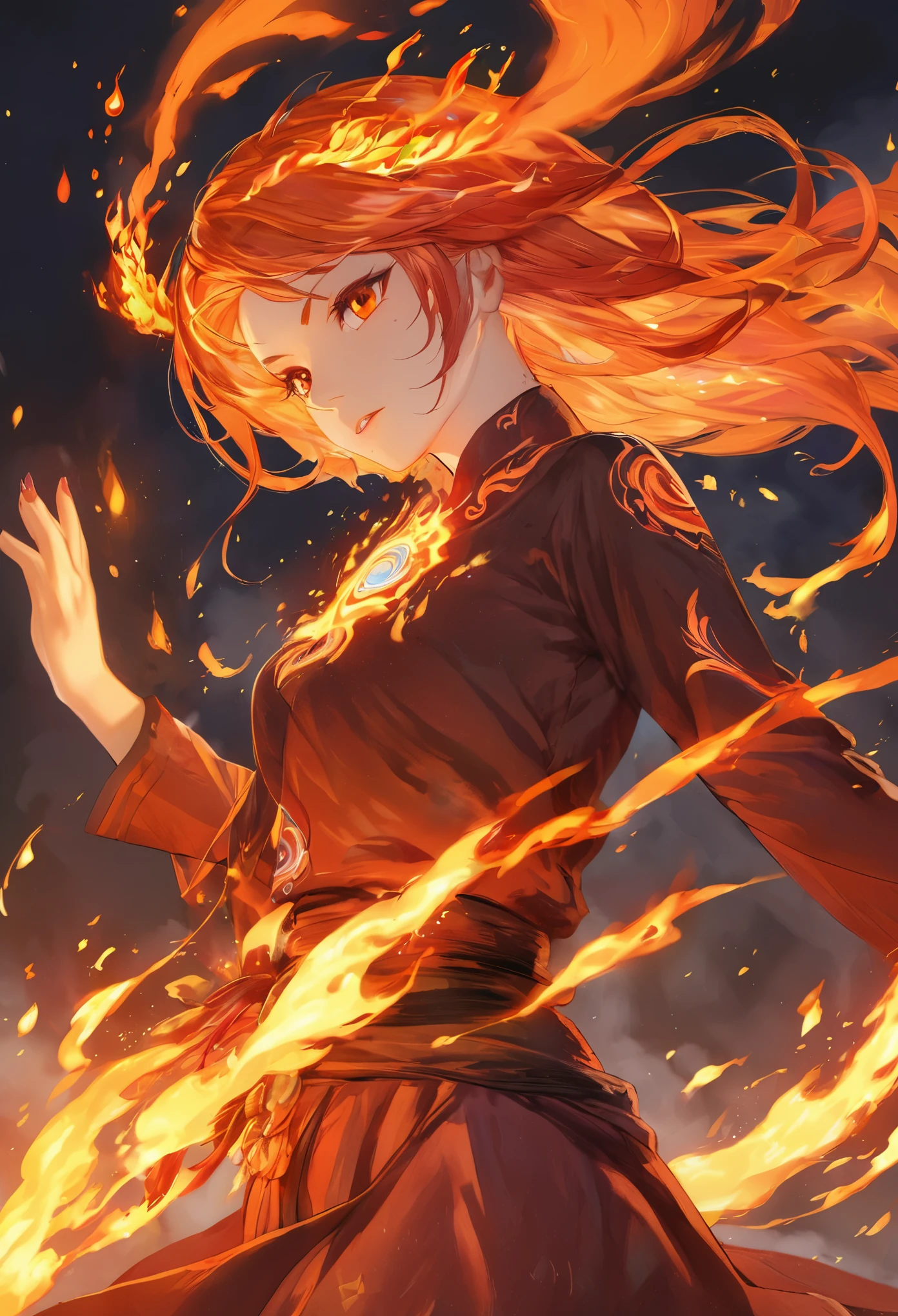 One girl, Female Fire Spirit, Fire-colored hair, Internal Fire, Put a few drops of sparks on your skin,