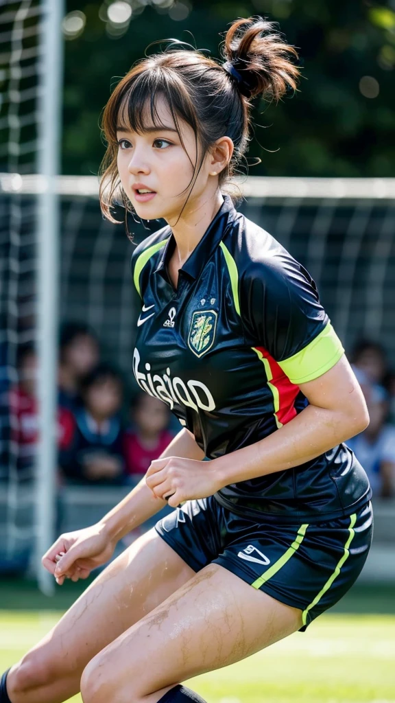 Highest quality, High resolution:1.2, Super detailed, Realistic:1.3, ((Beautiful woman))、Big Breasts、Vibrant colors, play soccer,((blunt bangs))、Has bangs、Wet Hair, Concentration, Splash, Action Shots, Grass blotches, Muddy ground, Wet turf, Decide, Fast-paced games, Athletic physique, Shiny soccer ball, Wet Uniform, raindrop, Blurred motion, Focus on the ball, Intense competition, Skillful dribbling, Energetic play, Teamwork, powerful shoots, Wet pitch, Passionate sports, Fierce Decide, Humid atmosphere, Fluid movement, emotional expression, Difficult conditions, Dramatic lighting, Women's Sports, Avid athletes, Exciting Games, endure, Excited state, Speed and agility, Energetic play, 濡れたSplash、Red and black uniform、