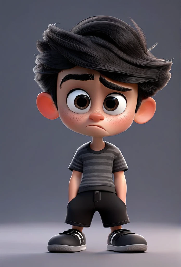Funnily film character, disney pixar style , 3d, a boy with sad gray skin representing dark emotion, with shaved black hair, wearing black t-shirt and dark black shorts, eyes black, crying face, gray skin color , gray background 8k quality Creation